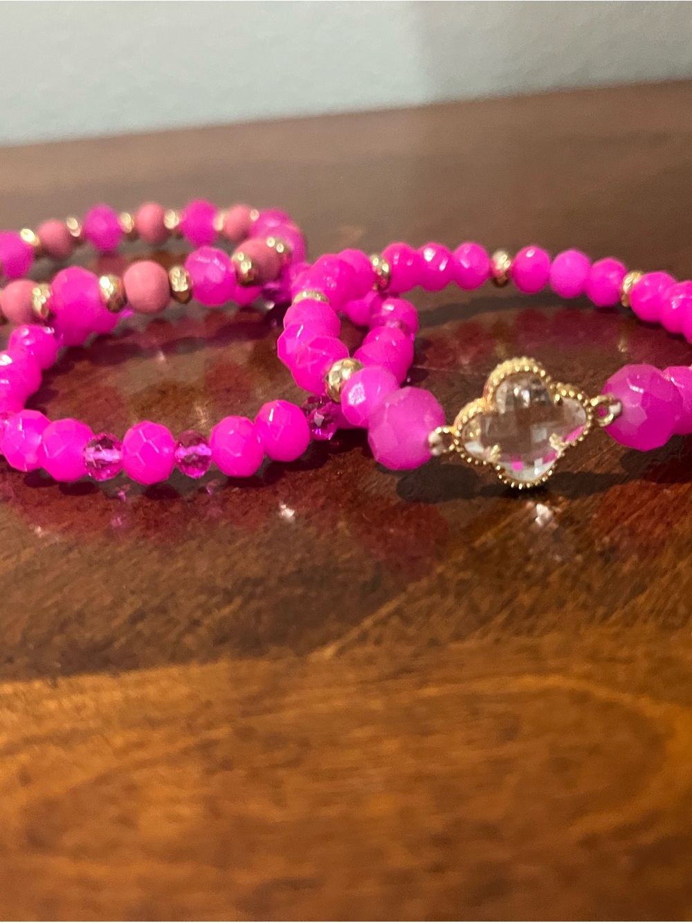 Hot Pink Beaded Stretch Bracelet Set with Gold Accents